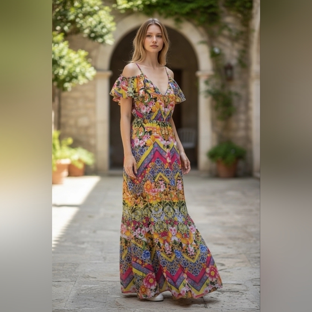 ASOS Vibrant Pink Yellow Multicolor Ruffle Sleeve Floral Maxi Dress Size 4